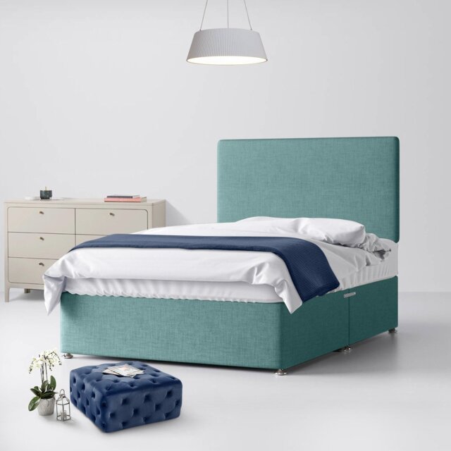 King Size - Divan Bed and Cornell Plain Headboard - Duck Egg Blue - Fabric - 5ft - Happy Beds - image 1