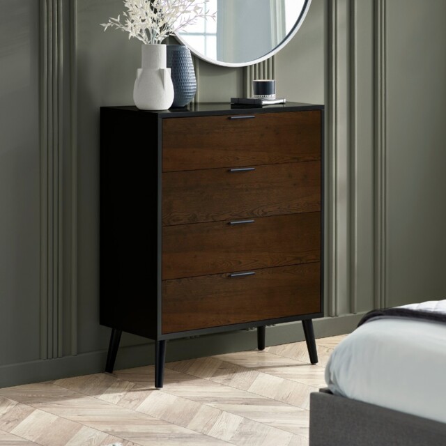 Alba – 4-Drawer Wide Chest of Drawers – Walnut and Black – Lacquered MDF - Happy Beds - image 1