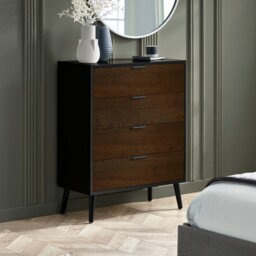 Alba – 4-Drawer Wide Chest of Drawers – Walnut and Black – Lacquered MDF - Happy Beds - thumbnail 1