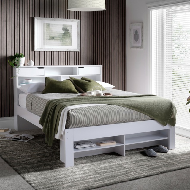Fabio - King Size - Bookcase Storage Bed - White - Wood - 5ft - Happy Beds
