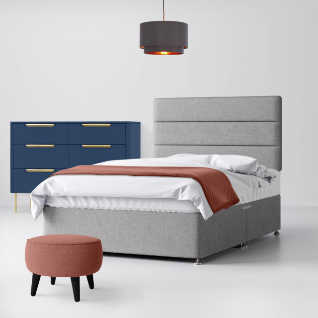Single - Divan Bed and Cornell Lined Headboard - Light Grey - Fabric - 3ft - Happy Beds - image 1
