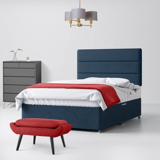 Double - Divan Bed and Cornell Lined Headboard - Dark Blue - Fabric - 4ft6 - Happy Beds - image 1