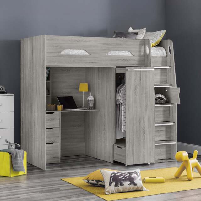 Pegasus - Single - Kids High Sleeper Bed - Wardrobe - Desk and Storage - Grey Oak - Wooden - 3ft - Happy Beds - image 1