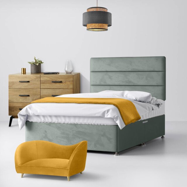 Double - Divan Bed and Cornell Lined Headboard - Light Grey - Velvet - 4ft6 - Happy Beds - image 1