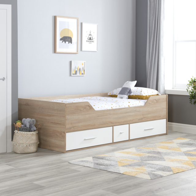Camden - Single - Kids Cabin Bed - Storage - White and Oak - Wooden - 3ft - Happy Beds - image 1