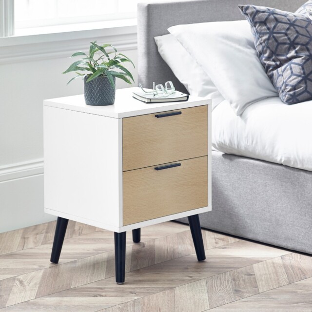 Alba – 2-Drawer Bedside Table – White and Oak Grey – Lacquered MDF - Happy Beds - image 1