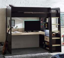 Blaze – Single – Gaming Bed with Desk and Shelving Unit – Pale Wood/Black – Wooden – 3ft - Happy Beds - thumbnail 2