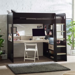 Blaze – Single – Gaming Bed with Desk and Shelving Unit – Pale Wood/Black – Wooden – 3ft - Happy Beds