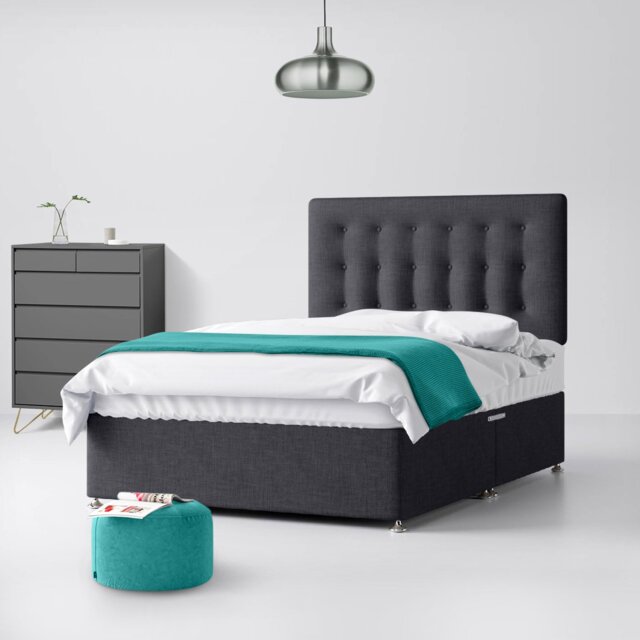 Single - Divan Bed and Cornell Buttoned Headboard - Dark Grey - Charcoal - Fabric - 3ft - Happy Beds - image 1