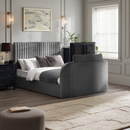 Croft - King Size - TV Bed with Storage Compartment - Dark Grey - Velvet - 5ft - Happy Beds - thumbnail 1