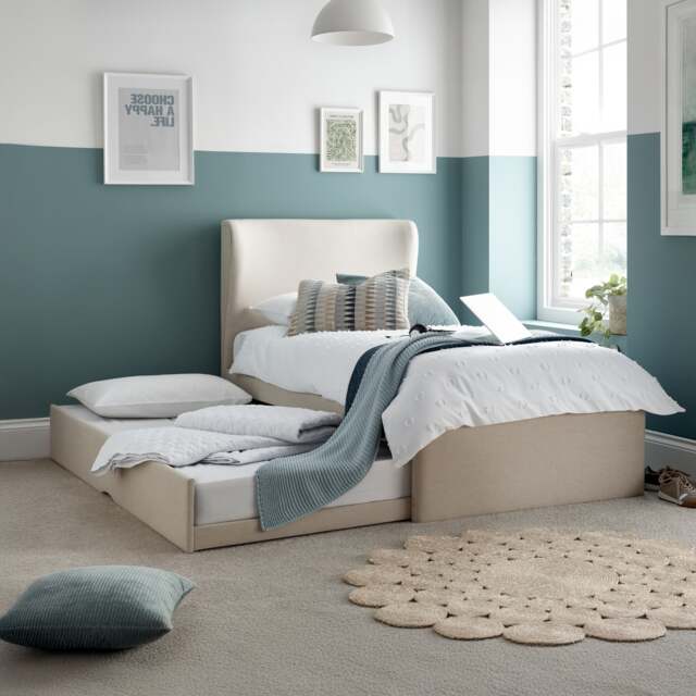Una - Single - Guest Bed with Trundle - Warm Stone - Fabric - 3ft - Happy Beds - image 1
