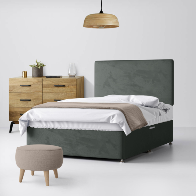 Single - Divan Bed and Cornell Plain Headboard - Dark Grey - Velvet - 3ft - Happy Beds - image 1