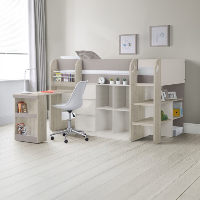 Saturn - Single - Kids Mid Sleeper Bed - Storage and Desk - Brown and White - Wooden - 3ft - Happy Beds - image 1