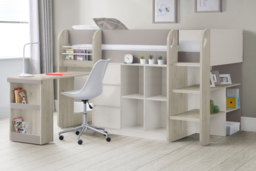Saturn - Single - Kids Mid Sleeper Bed - Storage and Desk - Brown and White - Wooden - 3ft - Happy Beds - thumbnail 2