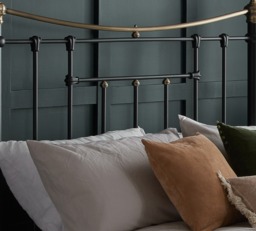 Bronte Double Black Metal Bed Frame - Victorian Style - Brass Finials and Top Rail - 4ft6 - Happy Beds - thumbnail 2