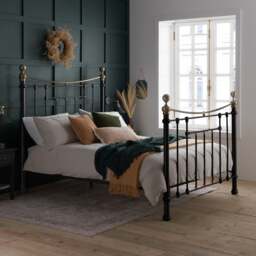 Bronte Double Black Metal Bed Frame - Victorian Style - Brass Finials and Top Rail - 4ft6 - Happy Beds