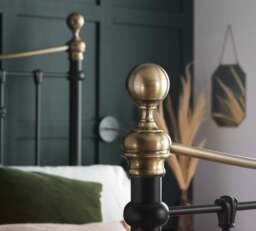 Bronte Double Black Metal Bed Frame - Victorian Style - Brass Finials and Top Rail - 4ft6 - Happy Beds - thumbnail 3