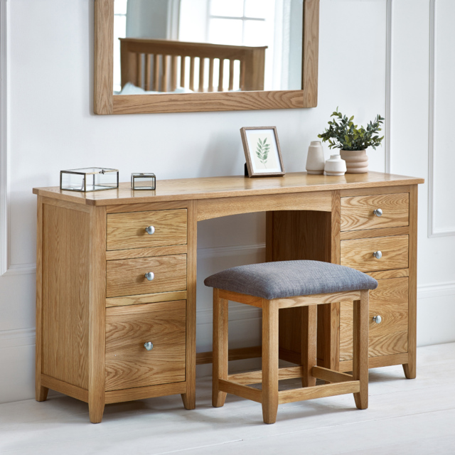 Mallory – 6-Drawer Double Pedestal Dressing Table and Stool – Oak/Grey – Wooden/Fabric - Happy Beds - image 1