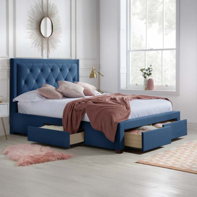 Woodbury - King Size - 4 Drawer Storage Bed - Blue - Velvet - 5ft - Happy Beds