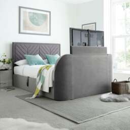 Sherlock - Double - Side-Opening Ottoman Storage Electric TV Bed - Light Grey - Velvet - 4ft6 - Happy Beds - thumbnail 1