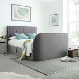 Sherlock - Double - Side-Opening Ottoman Storage Electric TV Bed - Light Grey - Velvet - 4ft6 - Happy Beds - thumbnail 3