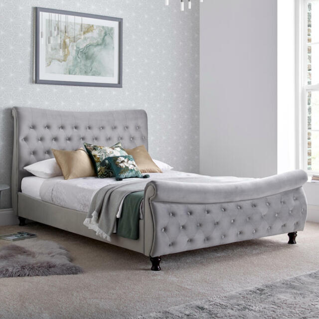 Oxford - Super King Size - Sleigh Bed - Grey - Velvet - 6ft - Happy Beds - image 1