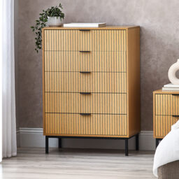 Sia – 5 Drawer Chest of Drawers – Oak/Black – Wood/Metal - Happy Beds