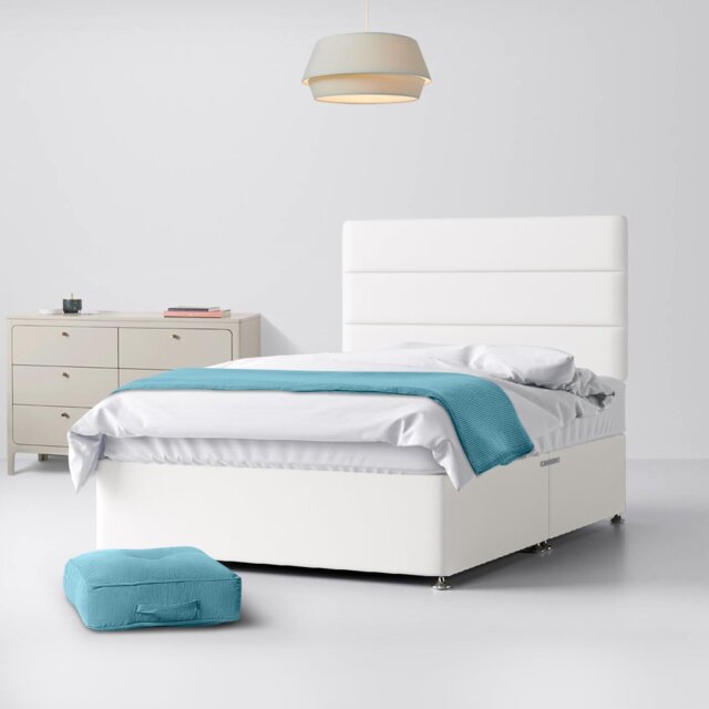 Super King Size - Divan Bed and Cornell Lined Headboard - White - Fabric - 6ft - Happy Beds - image 1