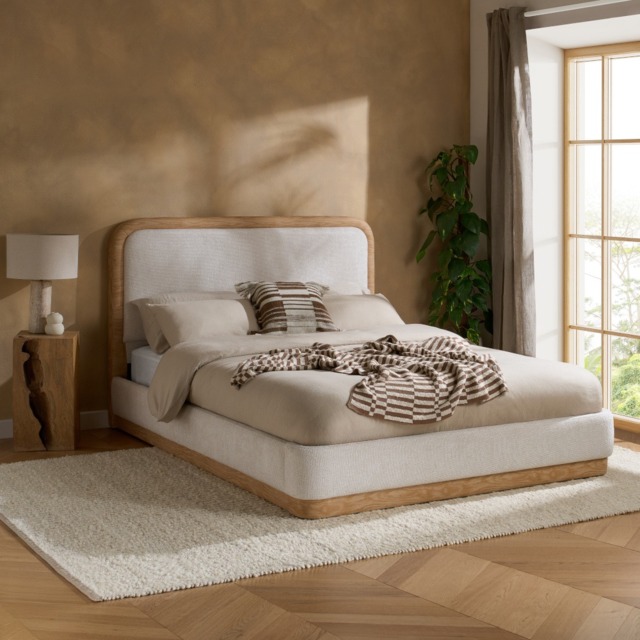 Girona - Double - Faux Wood-Effect Fabric Trim Bed - White - Fabric - 4ft6 - image 1