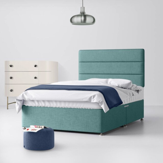Small Single - Divan Bed and Cornell Lined Headboard - Duck Egg Blue - Fabric - 2ft6 - Happy Beds - image 1