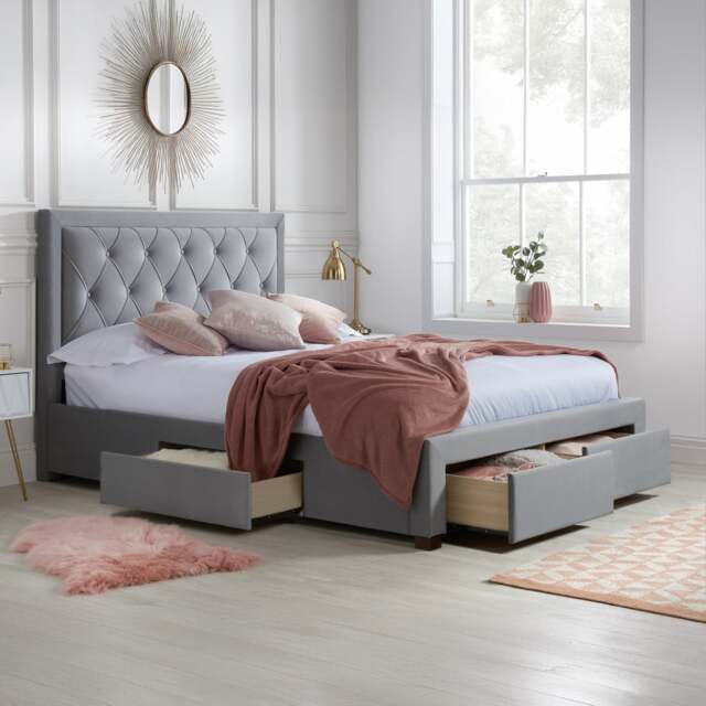 Woodbury - Double - 4-Drawer Storage Bed - Grey - Velvet - 4ft6 - Happy Beds