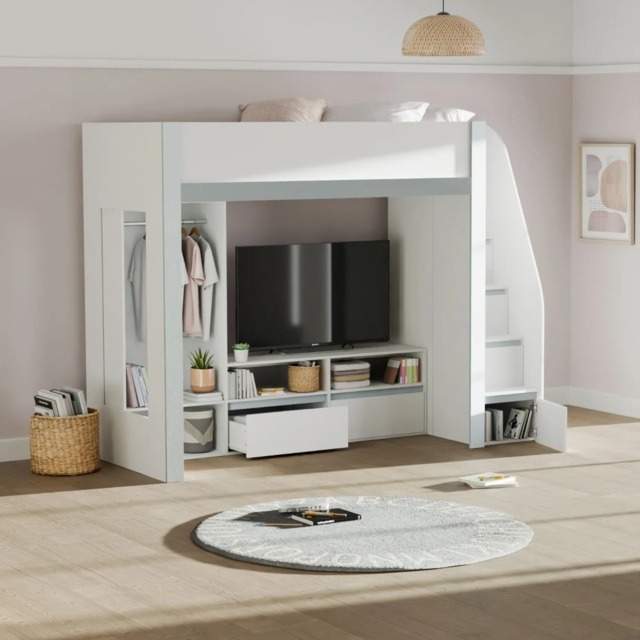 Gaia - Single - Storage High Sleeper with Shelving, Cupboards and Hanging Rail - White/Silver - Wooden - 3ft - image 1