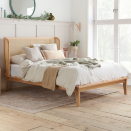 Astrid – Double – Rattan Bed with Winged Headboard - Oak – Wooden – 4ft6 - Happy Beds - thumbnail 1