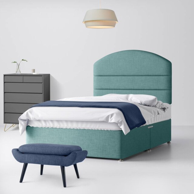 Small Double - Divan Bed and Dudley Lined Headboard - Duck Egg Blue - Fabric - 4ft - Happy Beds - image 1