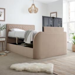 Sherlock - Double - Side-Opening Ottoman Storage Electric TV Bed - Warm Stone - Velvet - 4ft6 - Happy Beds - thumbnail 2