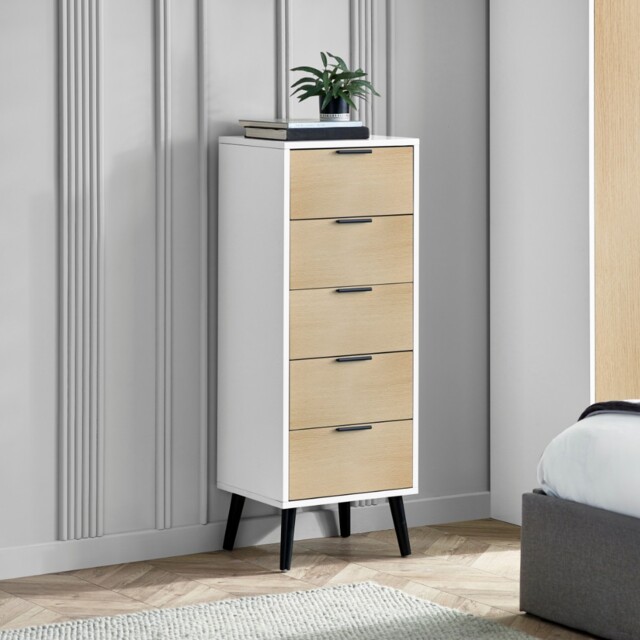 Alba – 5-Drawer Narrow Chest of Drawers – White and Oak – Lacquered MDF - Happy Beds - image 1