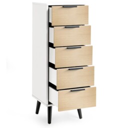 Alba – 5-Drawer Narrow Chest of Drawers – White and Oak – Lacquered MDF - Happy Beds - thumbnail 4