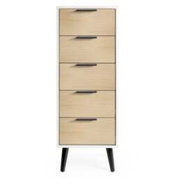 Alba – 5-Drawer Narrow Chest of Drawers – White and Oak – Lacquered MDF - Happy Beds - thumbnail 5