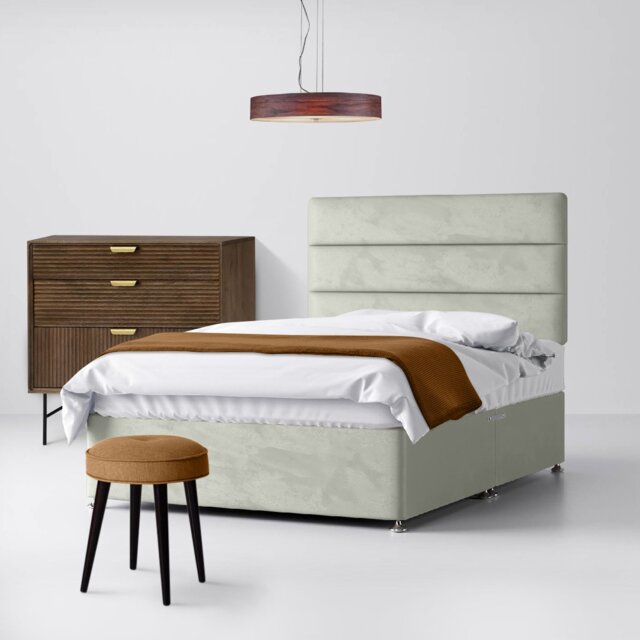 Small Single - Divan Bed and Cornell Lined Headboard - Light Grey - Velvet - 2ft6 - Happy Beds - image 1