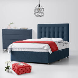 Small Single - Divan Bed and Cornell Buttoned Headboard - Dark Blue - Fabric - 2ft6 - Happy Beds - thumbnail 1