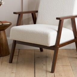 Ellwood – Boucle Armchair – White/Walnut – Wooden/Fabric – Happy Beds - thumbnail 2