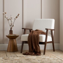 Ellwood – Boucle Armchair – White/Walnut – Wooden/Fabric – Happy Beds