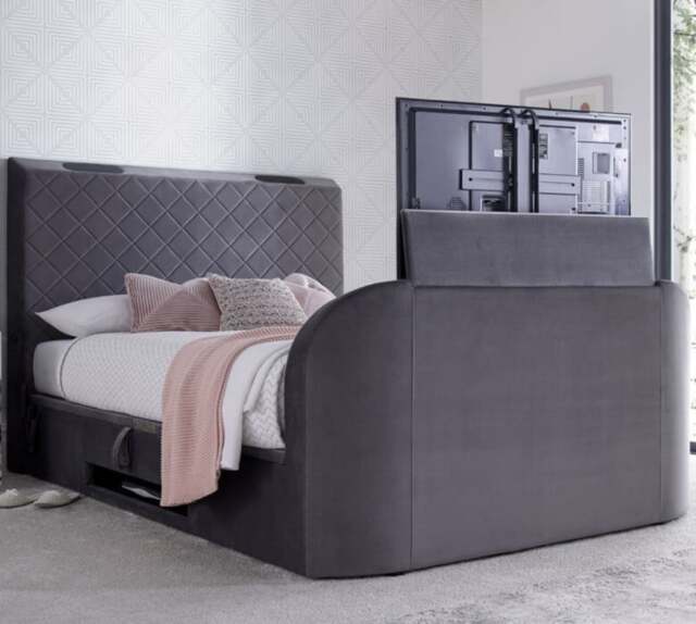 Paris - King Size - Side-Opening Ottoman Storage Electric Media TV Bed - Grey - Velvet - 5ft - Happy Beds