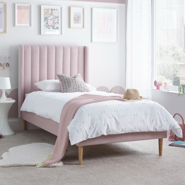 Marlow - Single - Low Foot-End Kids’ Bed - Pink - Velvet - 3ft - Happy Beds - image 1