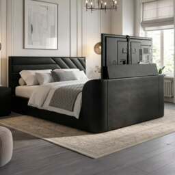 Chicago - Super King Size - Ottoman Storage TV Bed - Black - PU Leather - 6ft - Happy Beds