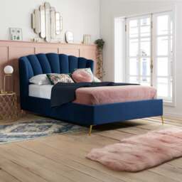 Lottie - Double - Ottoman Bed Frame - Blue - Velvet - 4FT6 - Happy Beds - thumbnail 1