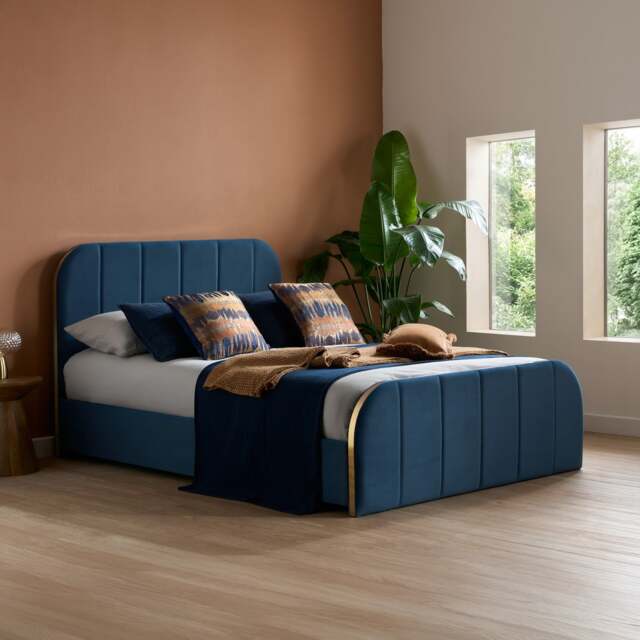 Rowan - Double - Low Foot-End Bed - Blue/Gold - Velvet - 4ft6 - image 1