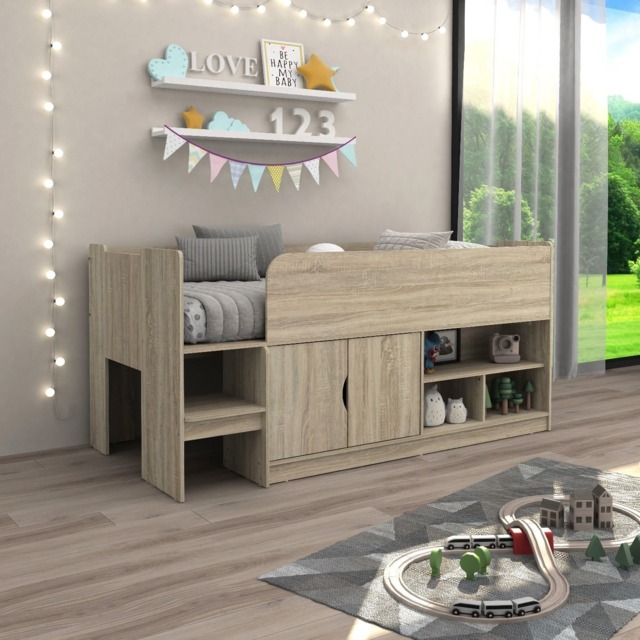 Kudl - Single - Mid Sleeper with Drawers and Shelves - Grey Oak - Wooden - 3ft - Happy Beds - image 1