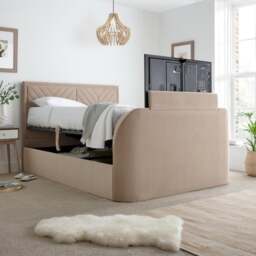 Sherlock - Super King Size - Side-Opening Ottoman Storage Electric TV Bed - Warm Stone - Velvet - 6ft - Happy Beds - thumbnail 2