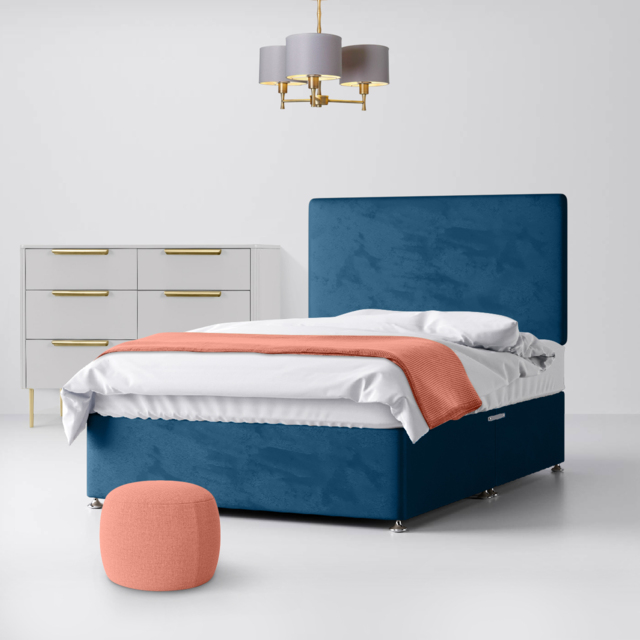 Small Single - Divan Bed and Cornell Plain Headboard - Deep Blue - Velvet - 2ft6 - Happy Beds - image 1